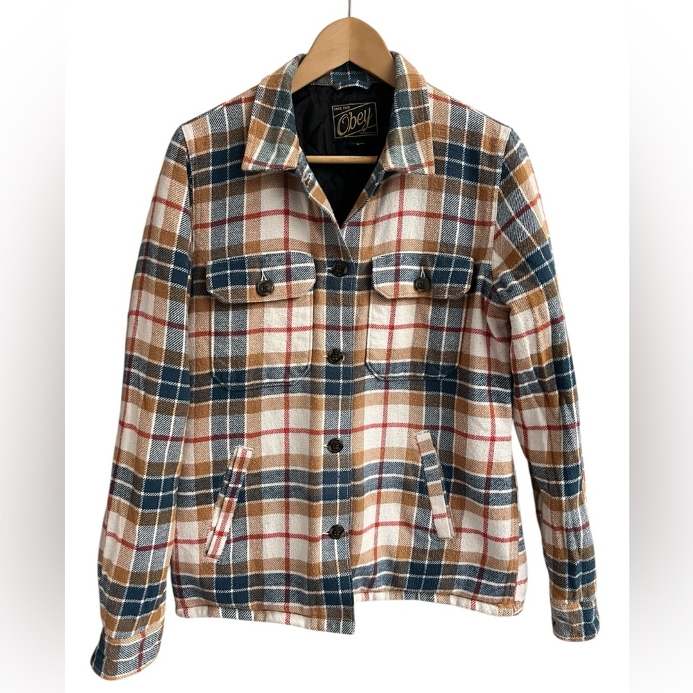 OBEY Women’s Plaid Flannel Quilted‎ Jacket Shacket Coat Size M Pockets Outdoors